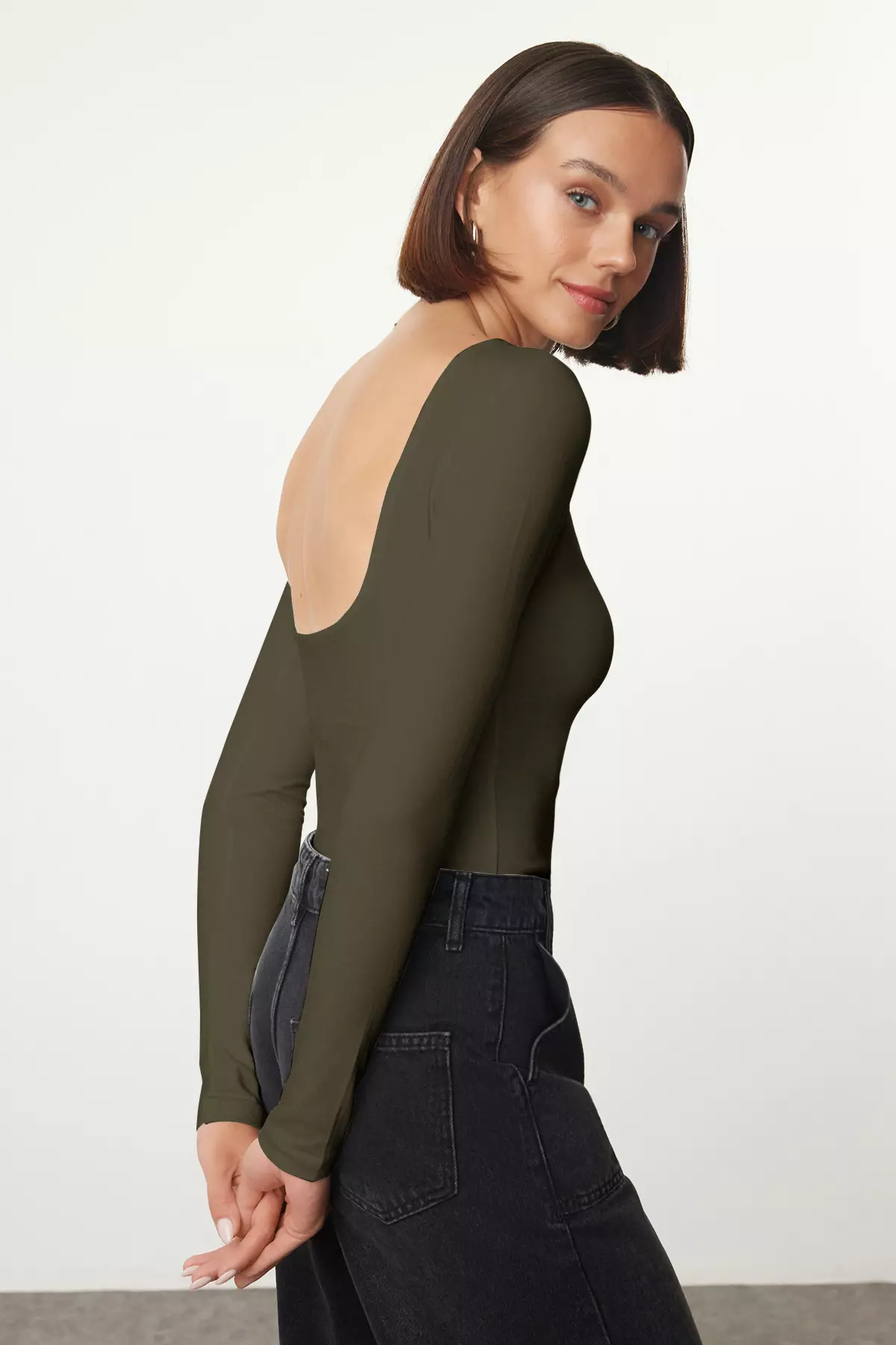 Khaki Cotton Flexible Backless Fitted/Flexible Blouse Twoaw24Bz00160