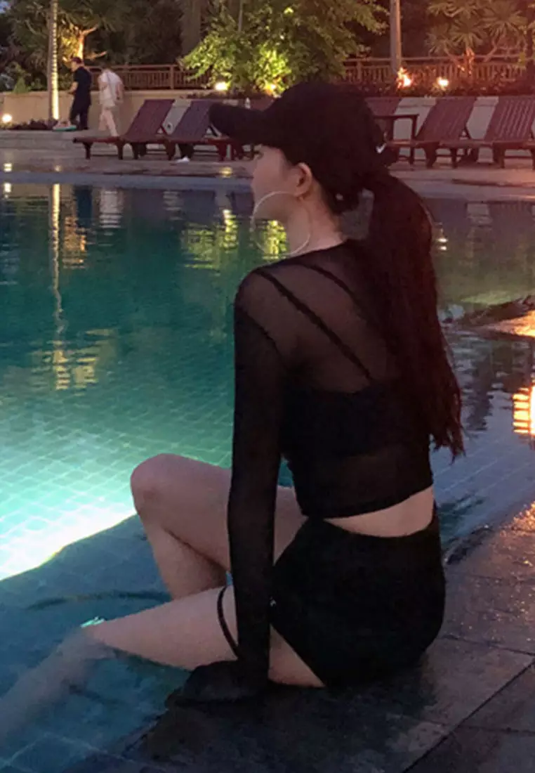 Black Mesh Three Piece Swimsuit CA071702