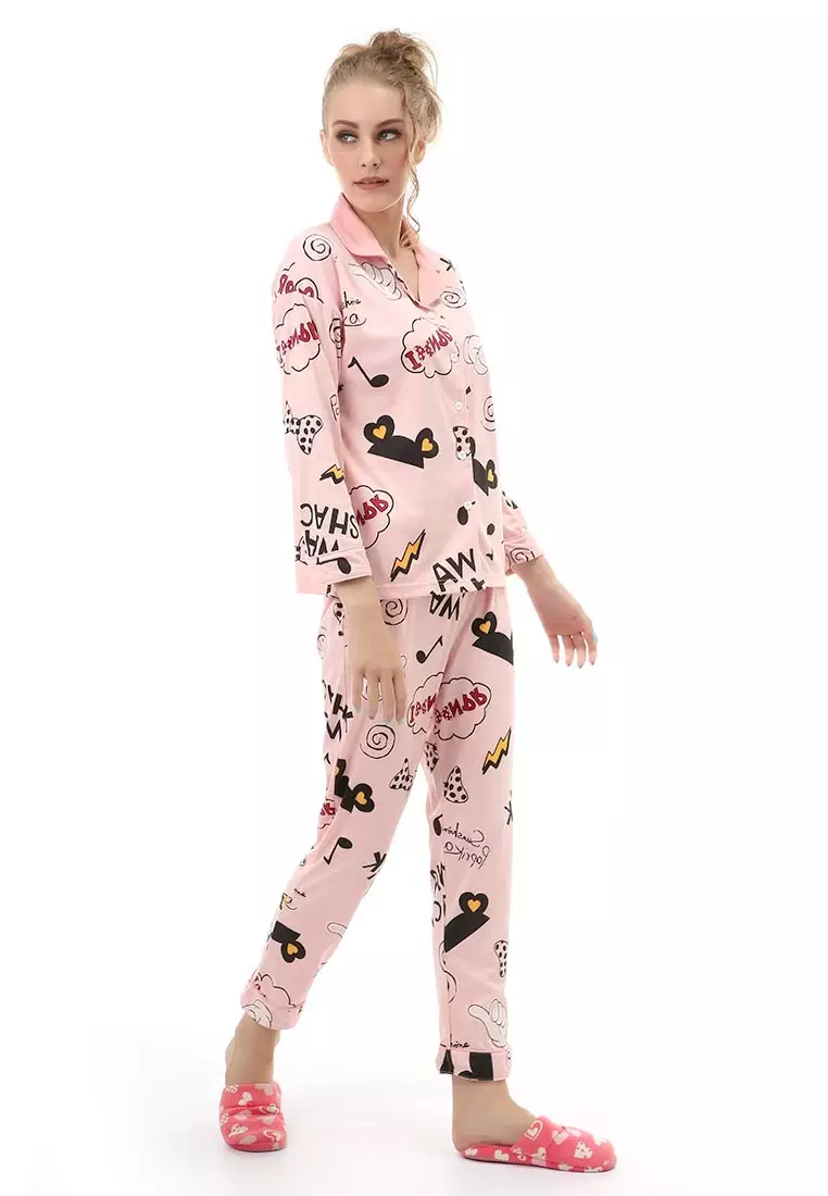 Vance Setelan Piyama Baju Tidur Wanita Lengan Panjang Motif Petir Material Cotton ORIGINAL - Pink