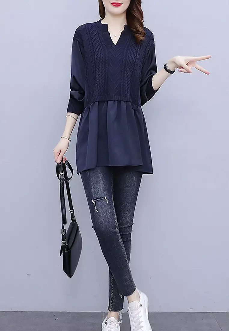 VANSA Stylish Paneled Knit Long Sleeve Shirt VCW-Bs624437