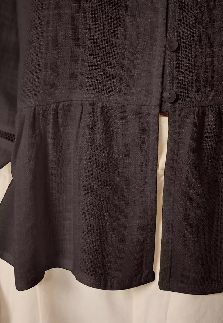 Brown Cotton Textured Fabric Laced Sleeve Regular Regular Pattern Woven Shirt TWOSS25GO00038