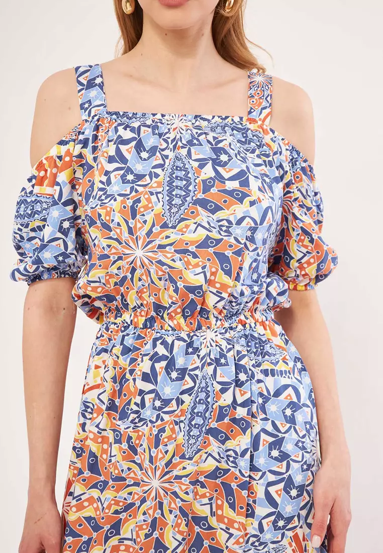 Cold Shoulder Pattern Midi Dress