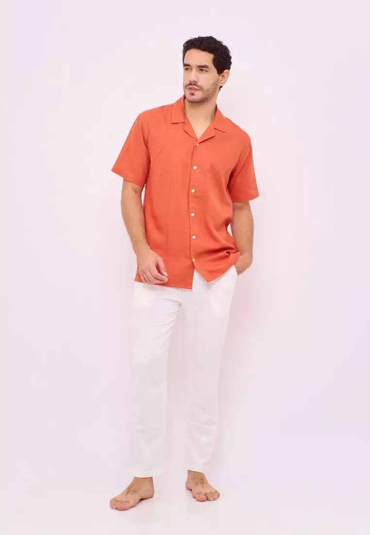Ruby Kemeja Linen Lengan Pendek Pria Terracotta | Linen Short Sleeve Shirt Men Terracotta