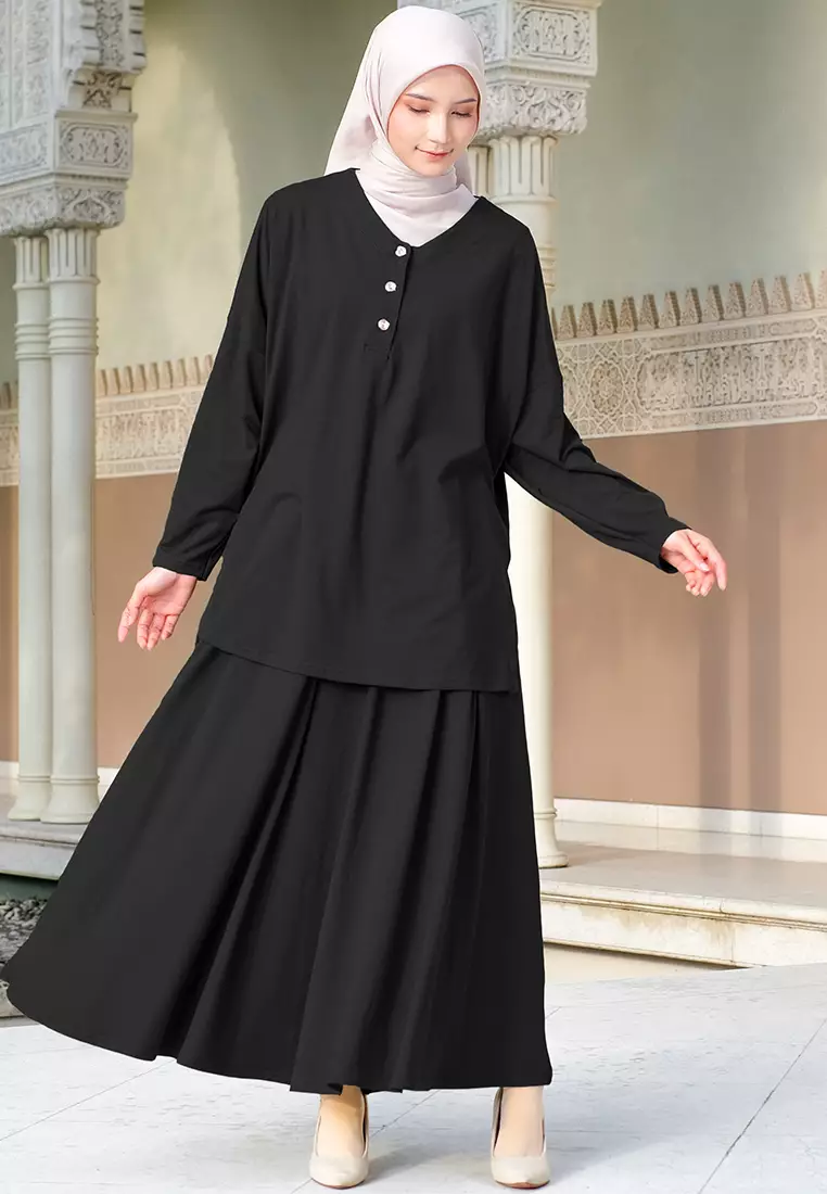 JV Hasanah Set Rok Gamila Rayon Spandex Black | Setelan Rok Rayon Jumbo Busui