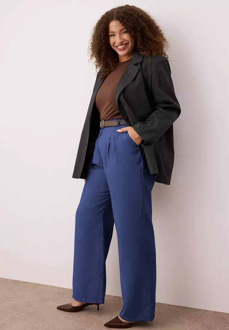 Navy Blue Double Pleated High Waist Wide Leg Summer Woven Pants Tbbss25Ar00021