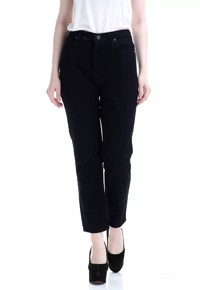 Marilyn Jeans Wanita High Waist Boyfriend Woman Design Simple - Hitam