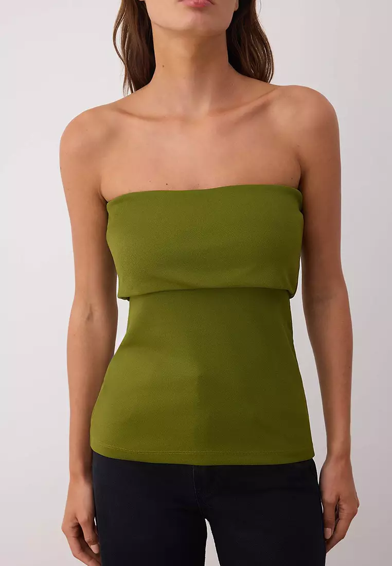 Oil Green Strapless Collar Side Zippered Crepe Knit Blouse Twoss23Bz00928