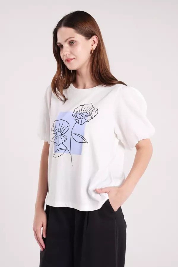 Minimal x Sarah Azka - Monza - Tshirt Print Lengan Organza - Off White Warna Offwhite