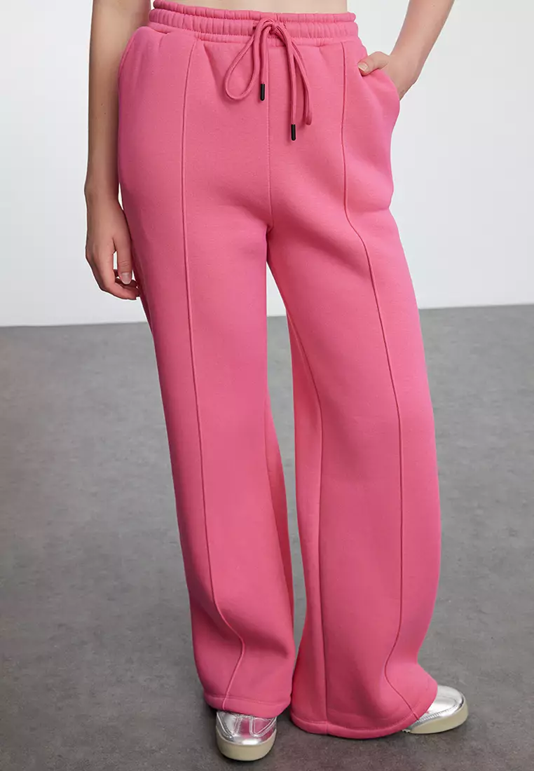 Pink 3-Piece Fleece Hooded Relaxed Knitted Tracksuit Set Twoaw25Em00007