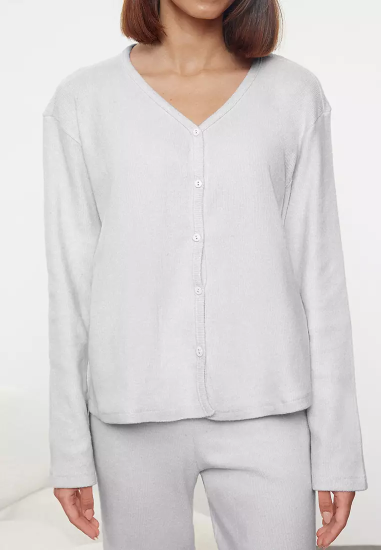 Brushed Soft Ribbed Cardigan Knitted Pajama Set