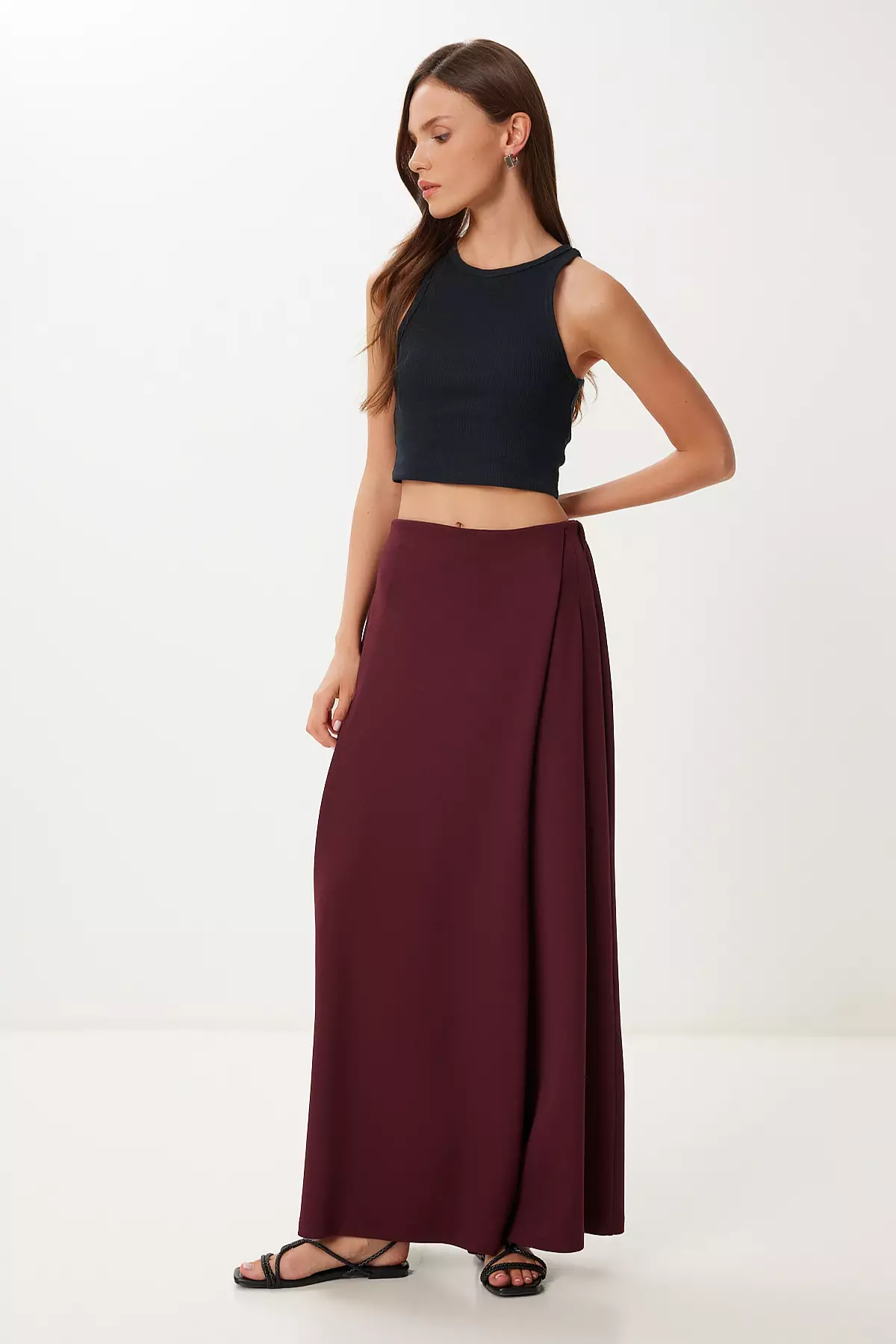 Women's Burgundy Skirt Look Flexible Knitted Baggy Trousers Cr00520