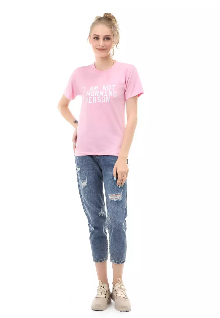 Genevie T-Shirt Kaos Kasual Wanita I Am Not a Morning Person Short Sleeve Material Cotton Combed ORIGINAL - Light Pink