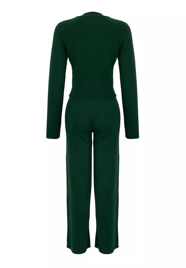 Emerald Green Crop Basic Knitwear Bottom Top Set