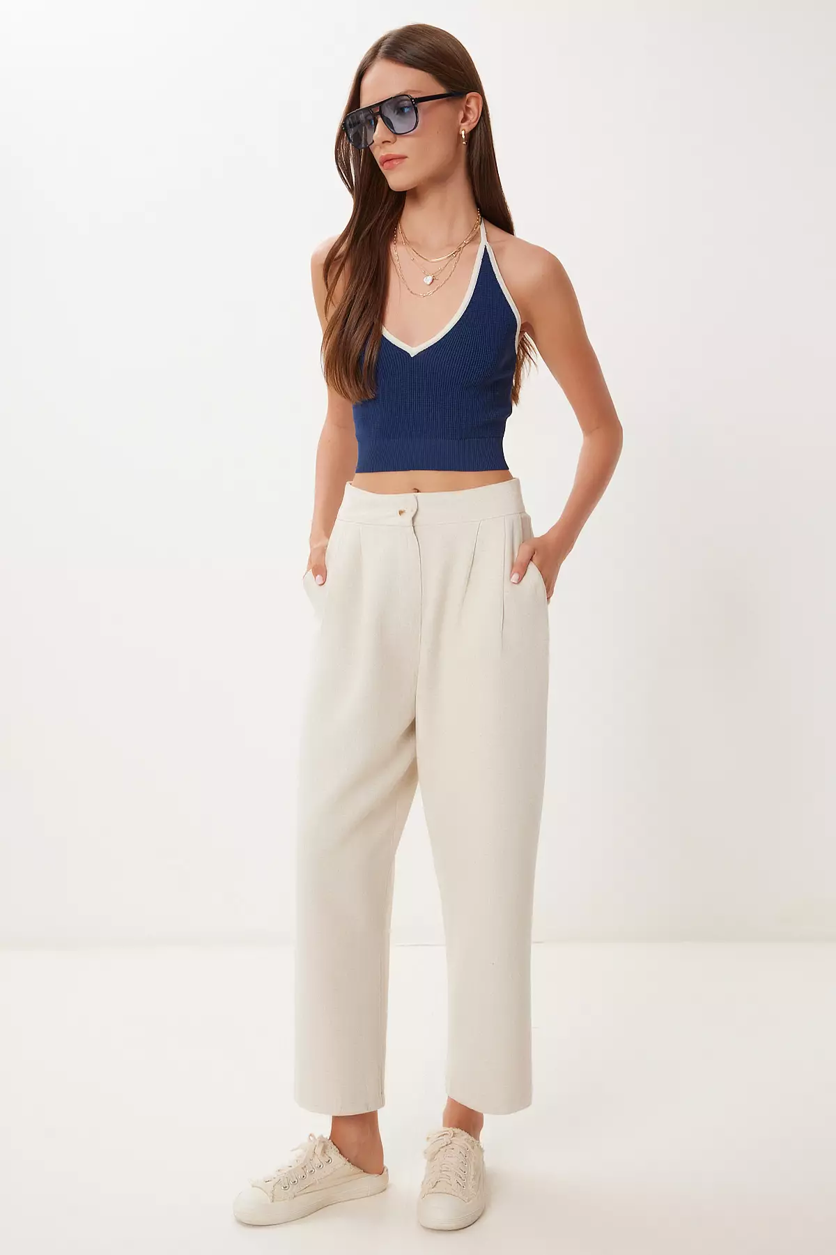 Women's Cream Pocket Linen Baggy Trousers Bv00164