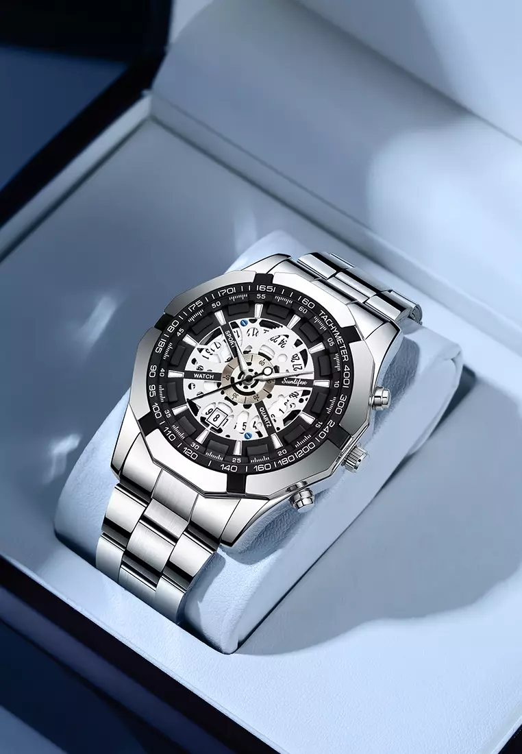 Jam Tangan Pria Original Calendar Luxury Bisnis Tali Stainless Steel Jam Tangan Cowok 9096 silverblack