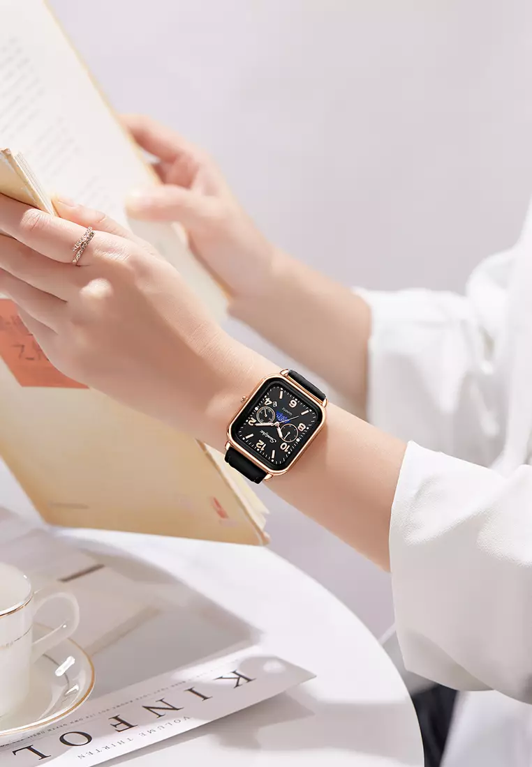 Jam Tangan Wanita Korean Kasual Mode Tali Kulit Kuarsa Jam Tangan Cewek Original allblack