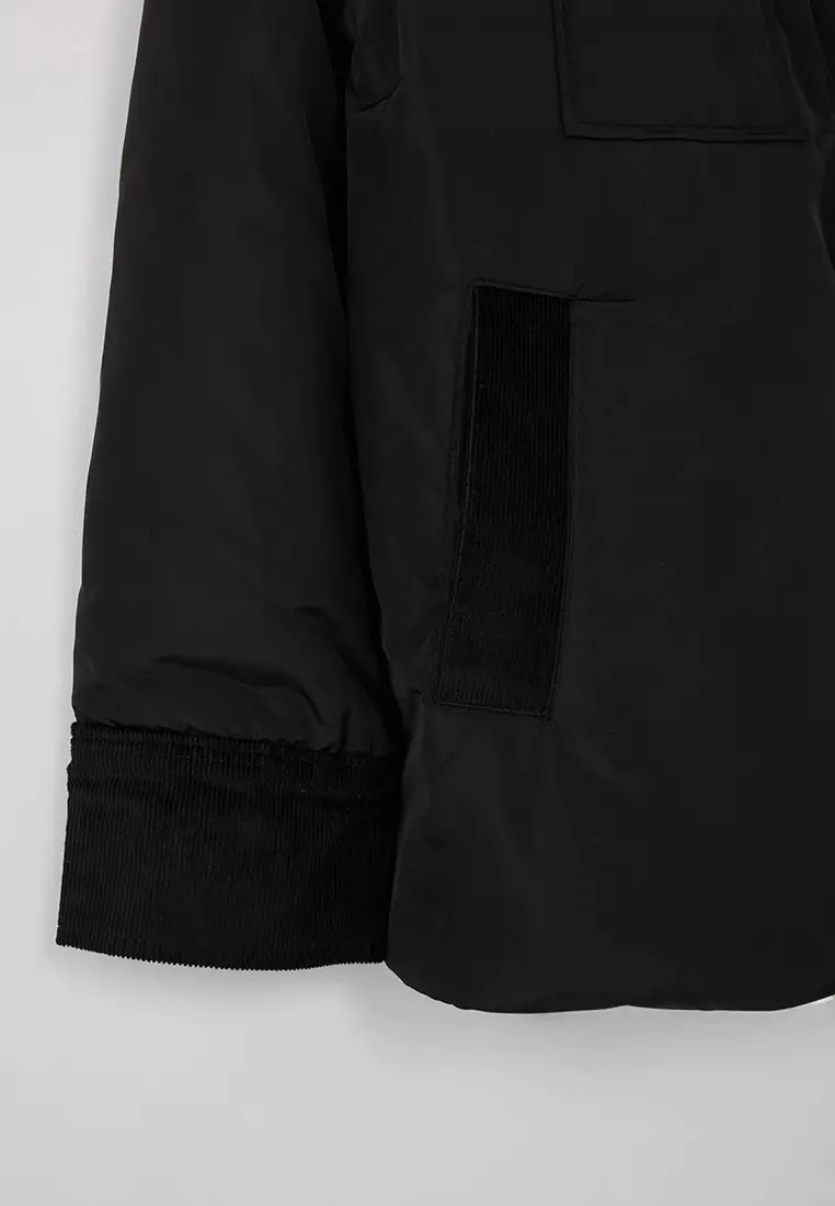 Black Regular Fit Collar Velvet Detail Fiber Thin Jacket Coat