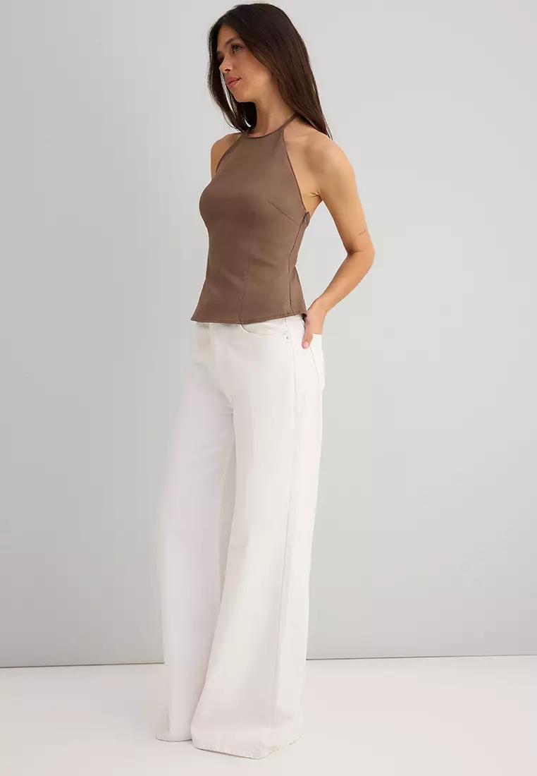 Light Brown Cotton Gabardine Halter Neck Fitted Woven Blouse TWOSS25BZ00536