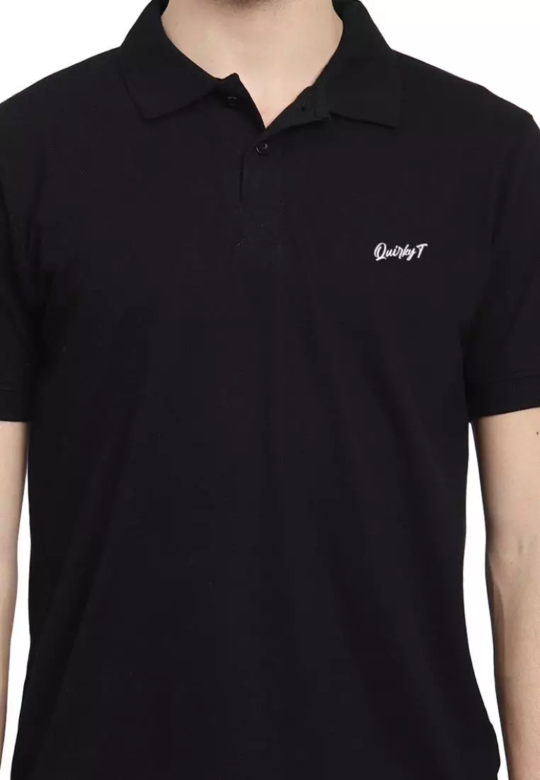 Mens Plain Black QuirkyT Polo Neck  Cotton Short Sleeve Collor Tee/Tshirt