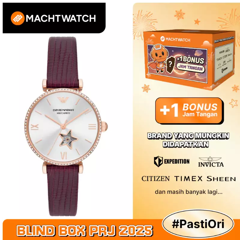 Jam Tangan Wanita Emporio Armani AR60044 Automatic Ladies Open Heart Silver Dial Burgundy Leather Strap