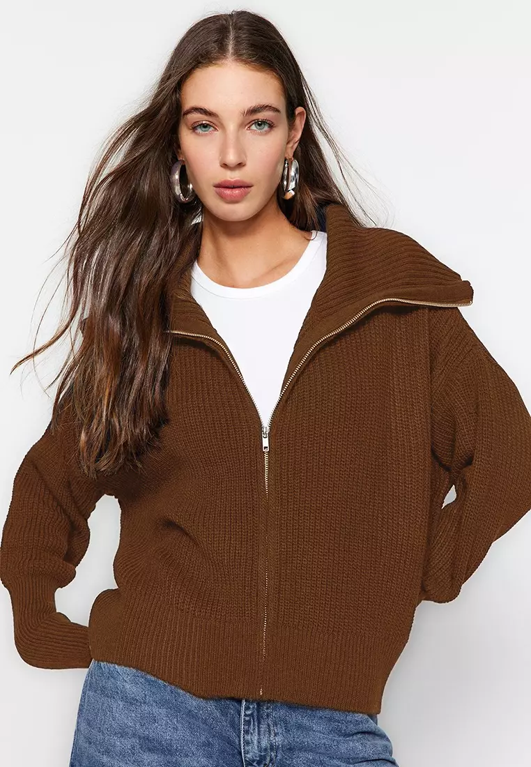 Light Brown Wide Fit Turn Down Collar Zipper Knitwear Cardigan