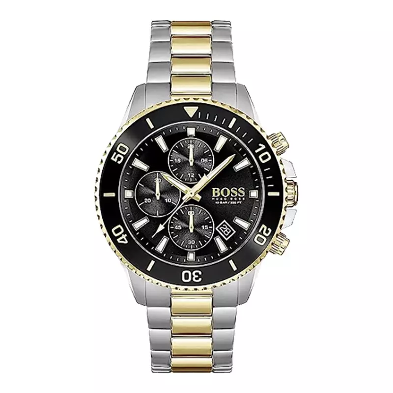 Jam Tangan Pria Hugo Boss Admiral 1513908 Men Chronograph Black Dial Dual Tone Stainless Steel Strap