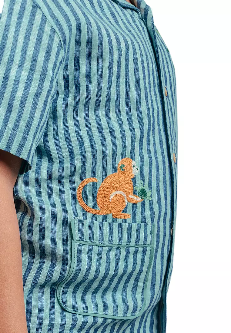 Boys Stripe Cubano Shirt With Embroidery