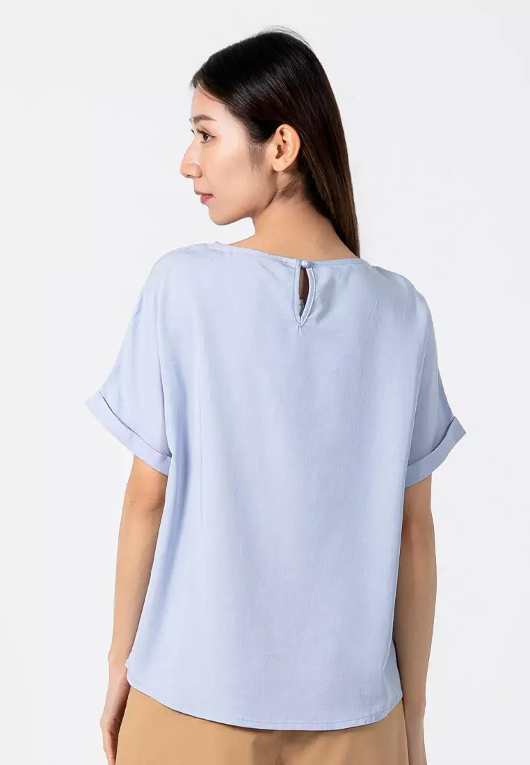 Forest Ladies Rayon Lyocell Casual Plain Blouse Women Short Sleeve Blouse - 822416-32LtBlue