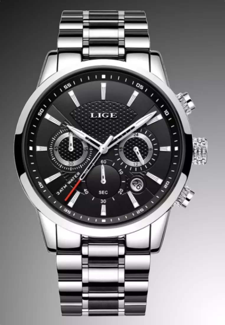 Chronograph Unisex Stainless Steel Quartz Watch 43mm, black dial, on Steel Bracelet