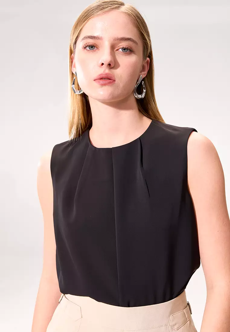 Black Front Pleat Sleeveless Top