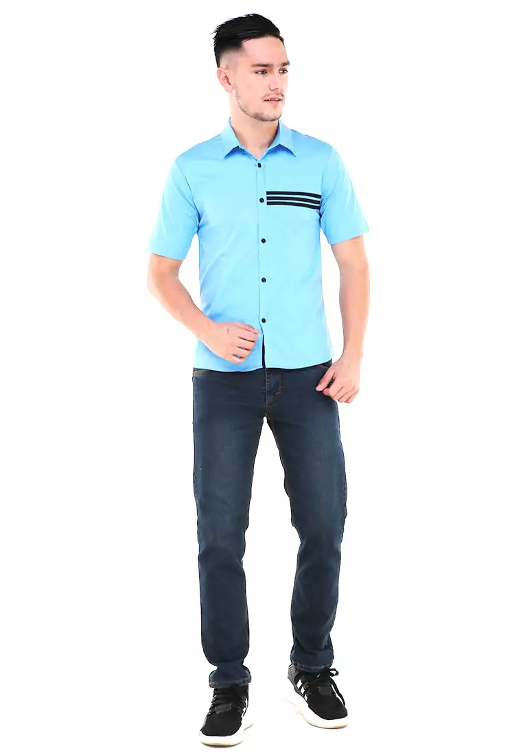 Dwan Atasan Kemeja Pria Three Lines Slim Fit Casual Shortsleeve Shirt Material Cotton ORIGINAL - Blue