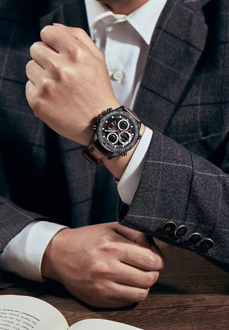 Jam Tangan Pria Original Multifungsi Analog&Digital Tali Kulit Olahraga Anti Air Jam Tangan Cowok Brownblack