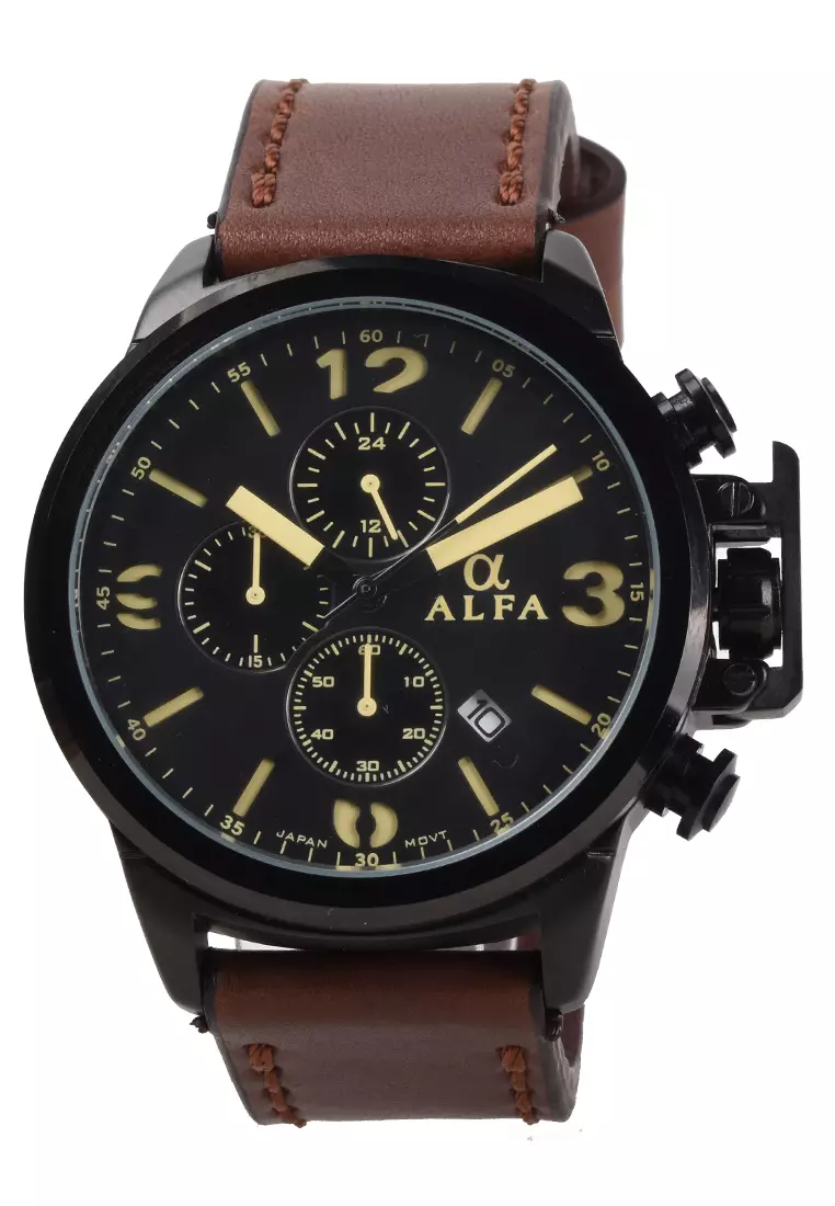 Alfa - Jam Tangan Pria - Black - Brown Leather Strap - 33025M-D