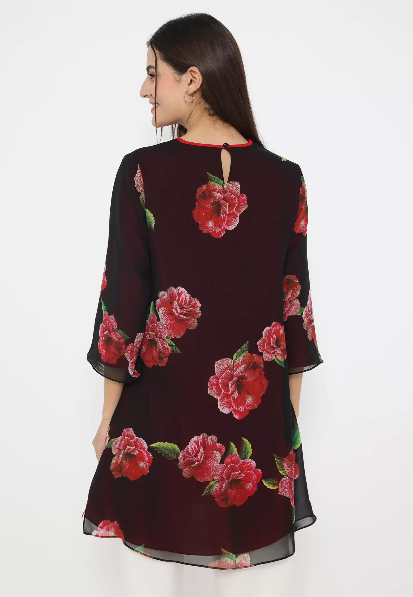 Rose Pattern Mini Dress Chiffon In Black By Brilliant Girl Warna HITAM