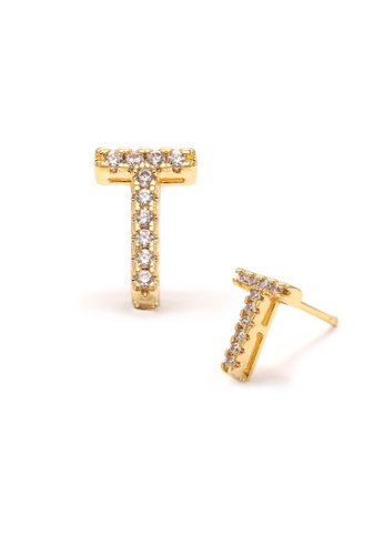 Atrireal gold ÁTRIREAL - Initial "T" Zirconia Stud Earrings in Gold BC3DAACF2512DDGS_1