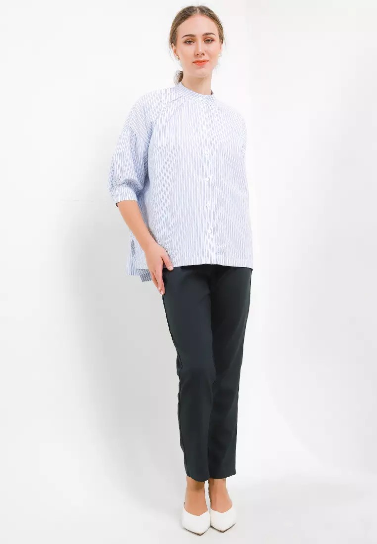 High Collar Hi Lo Stripes Shirt