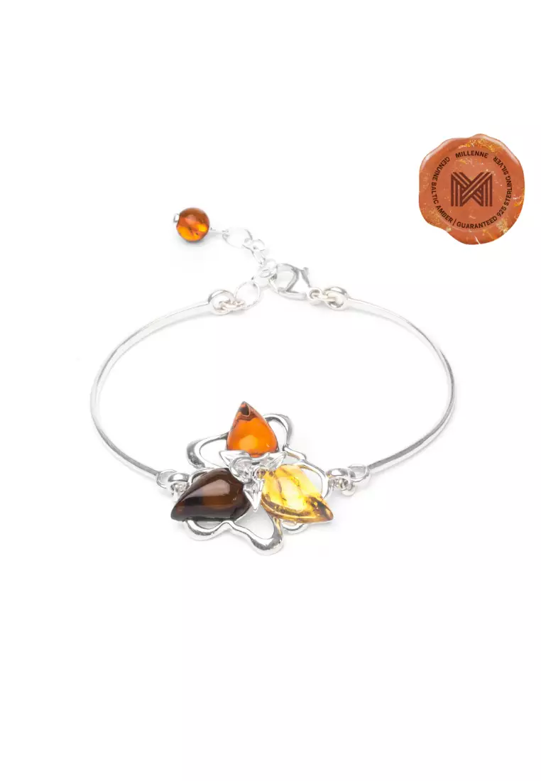 Multifaceted Baltic Amber Triangle Composition Silver Bracelet with 925 Sterling Silver