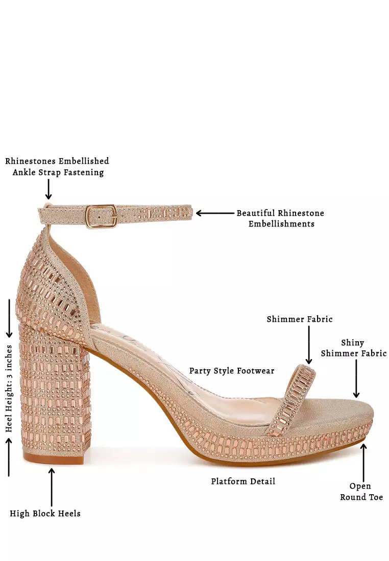 Sandal Blok Berhias Berlian Imitasi Warna Emas