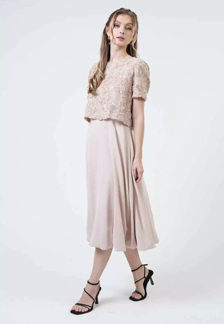 Hailey 3D Floral Appliqué Layered Midi Dress