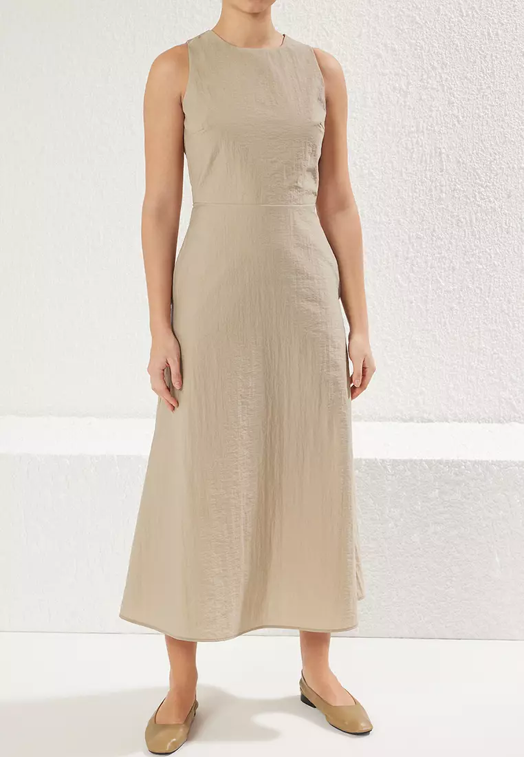 Dark Beige A Cut Back Detail Midi Woven Dress