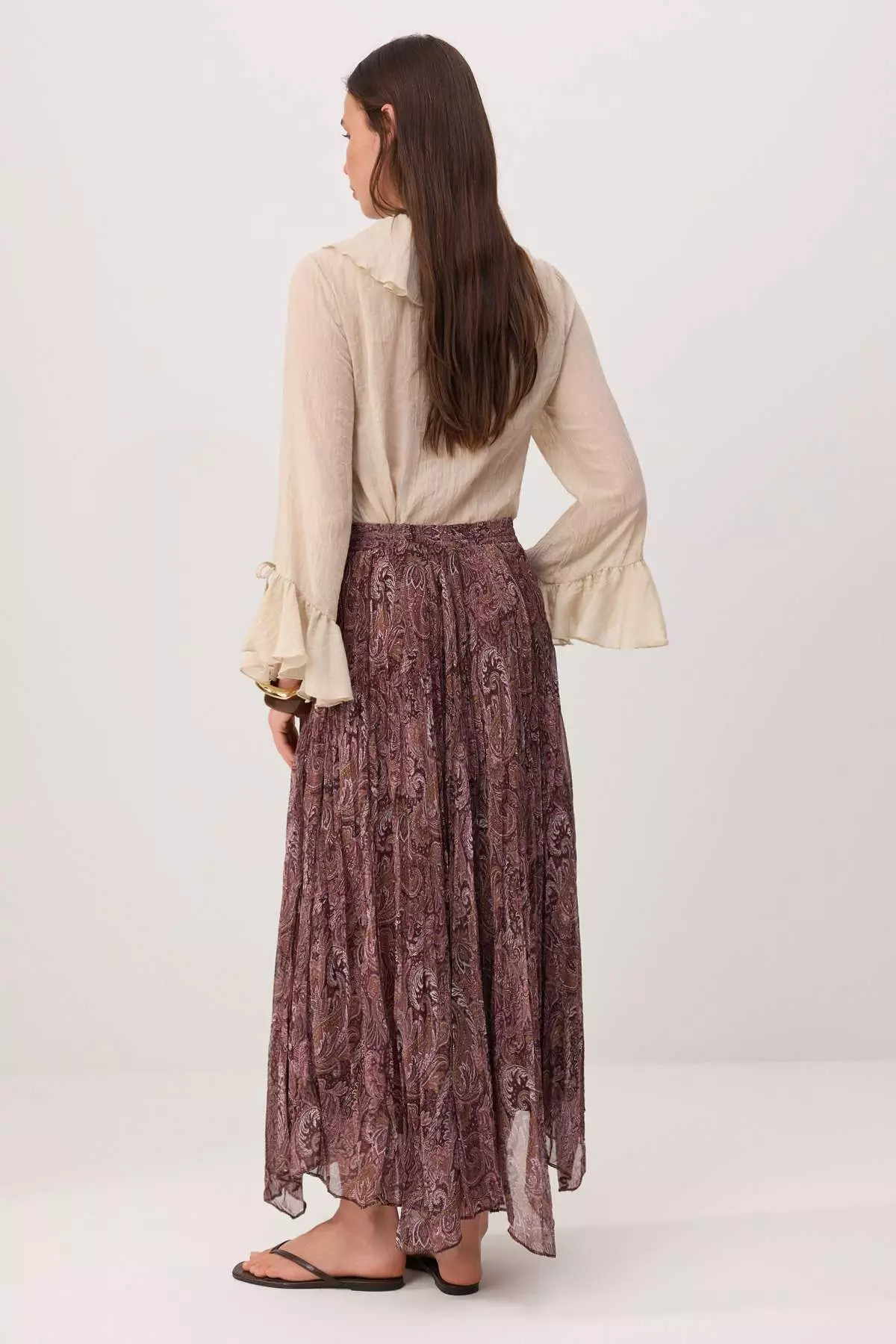 Brown Chiffon Pleated Lined Ethnic Patterned Maxi Skirt Tctss26Ee00007