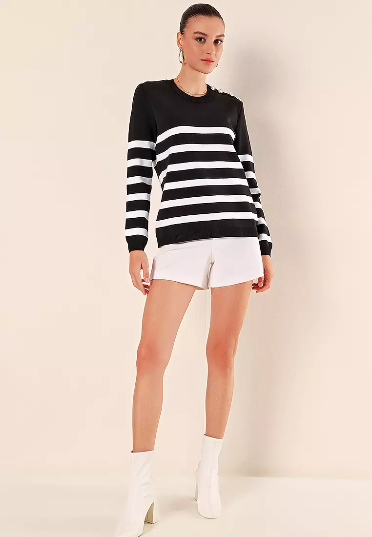 Button Detail Striped Sweater Black