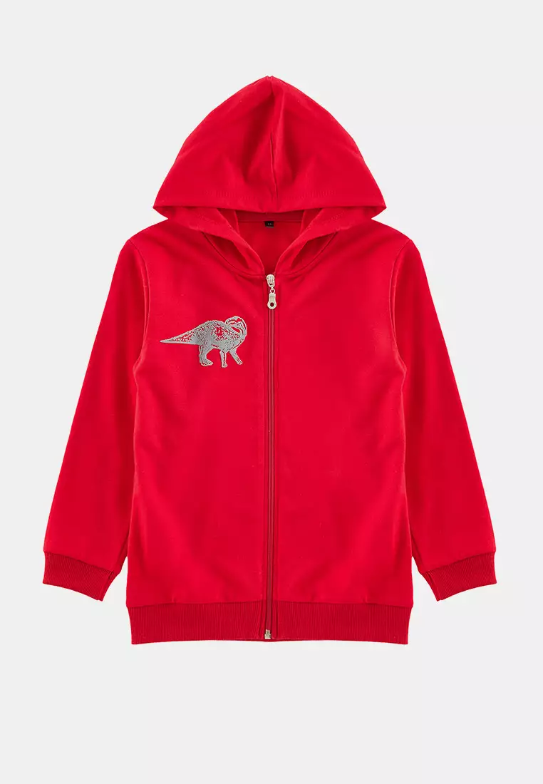 男童紅色針織外套 - 印花、連帽、拉鍊 Tkdaw25Hi00003