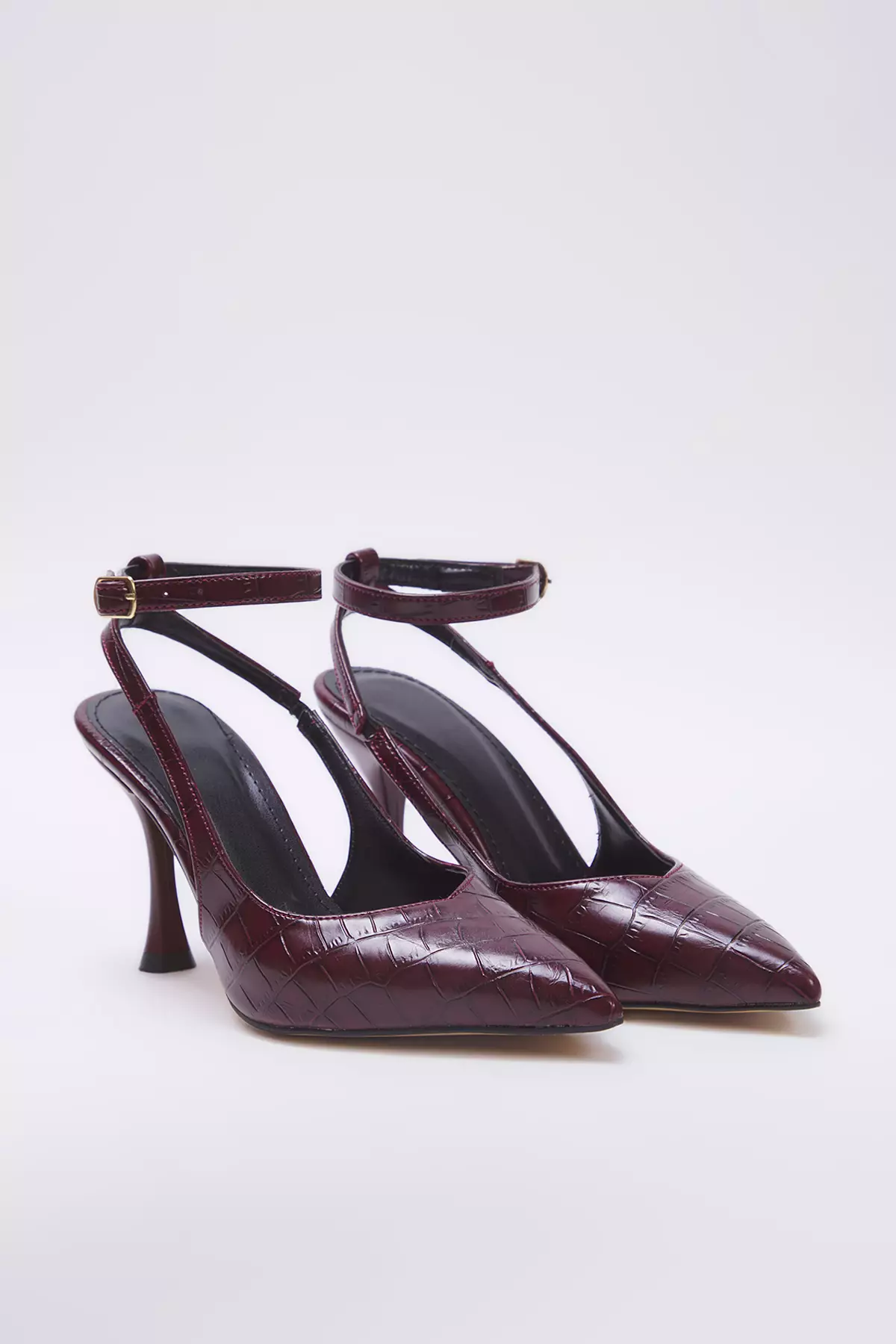 Burgundy Crocodile Pattern Pointed Toe Women Thin Heels Shoes Takss25To00082