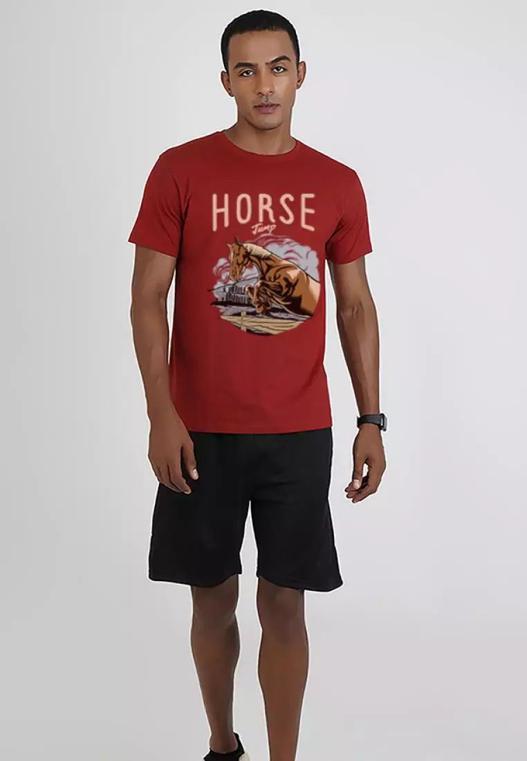 Horse Jumping Graphic Maroon Cotton Short Sleeve Relaxed Tee