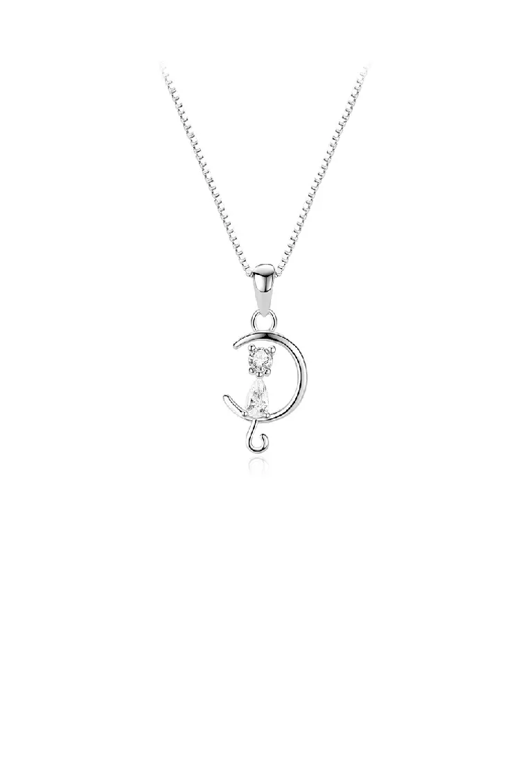 Buy Glamorousky 925 Sterling Silver Simple Cute Moon Cat Pendant