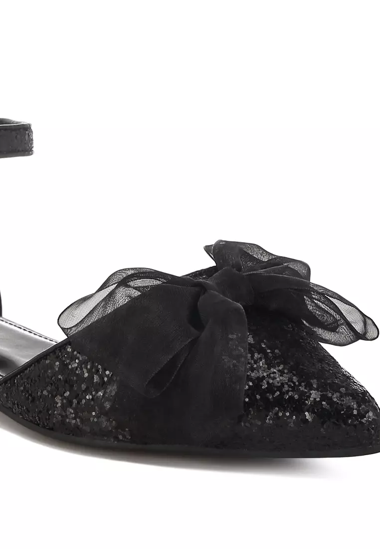 Sheer Bow Detail Glitter Flat Sandals in Black