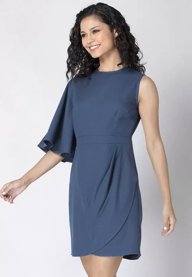 Slate Blue One Sleeve Pleated Bodycon Dress