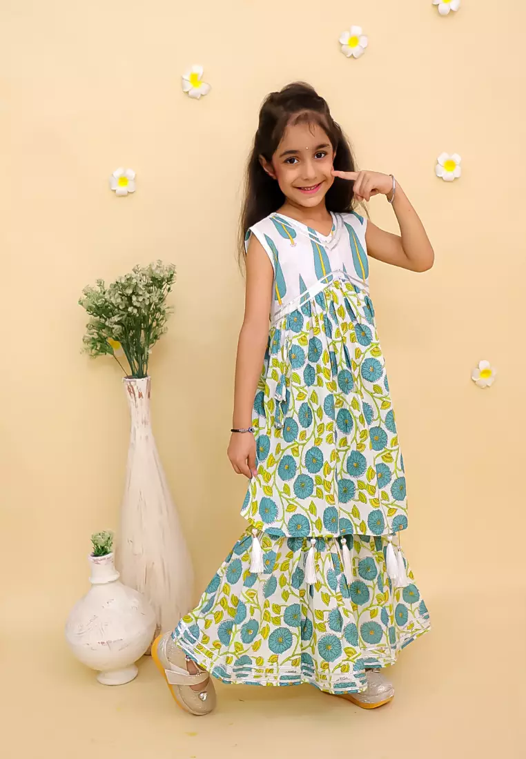 The Mom Store Emeraluxe Girls Anarkali Kurta Sharara Set - Multi
