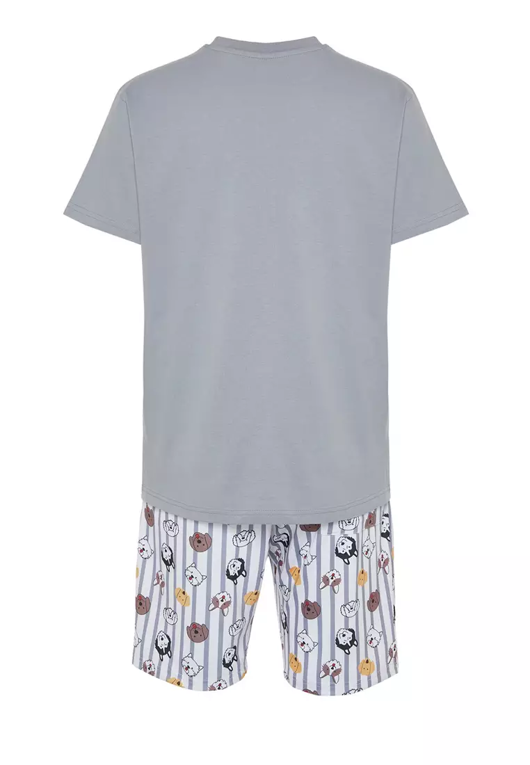 Gray Regular Fit Printed Knitted Shorts Pajamas Set TMNSS23PT00000